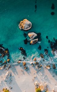 Preview wallpaper beach, stones, sea, water, aerial view