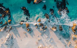 Preview wallpaper beach, stones, sea, water, aerial view