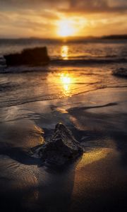 Preview wallpaper beach, stones, sunset, water, gleam