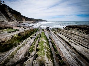 Preview wallpaper beach, stones, trees, mountains, sea, horizon, landscape