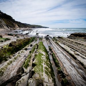 Preview wallpaper beach, stones, trees, mountains, sea, horizon, landscape