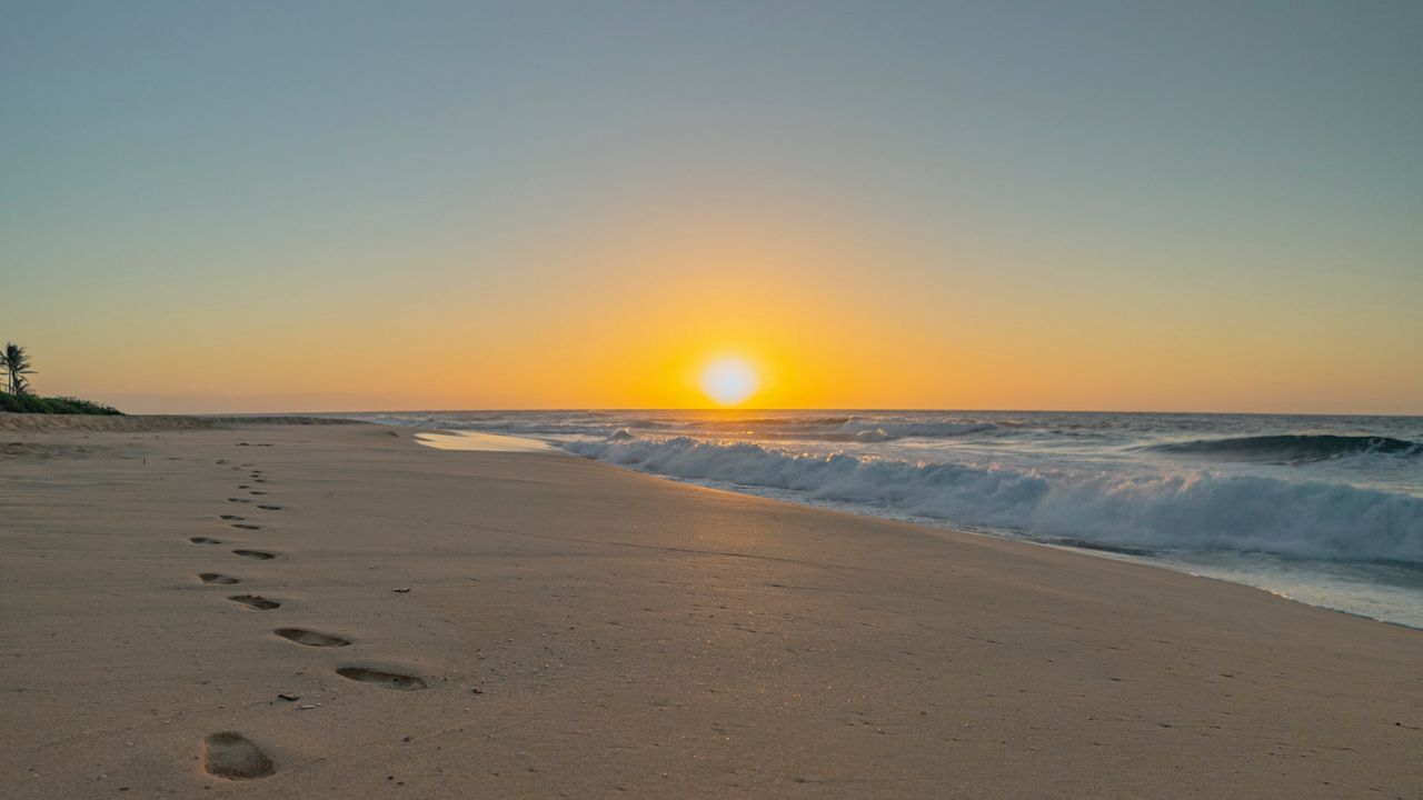 Wallpaper beach, sunset, footprints, sand