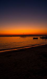 Preview wallpaper beach, sunset, pier, boats, dusk