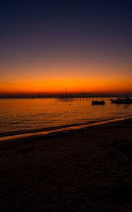 Preview wallpaper beach, sunset, pier, boats, dusk