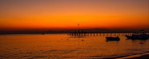 Preview wallpaper beach, sunset, pier, boats, dusk