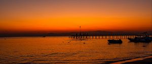 Preview wallpaper beach, sunset, pier, boats, dusk