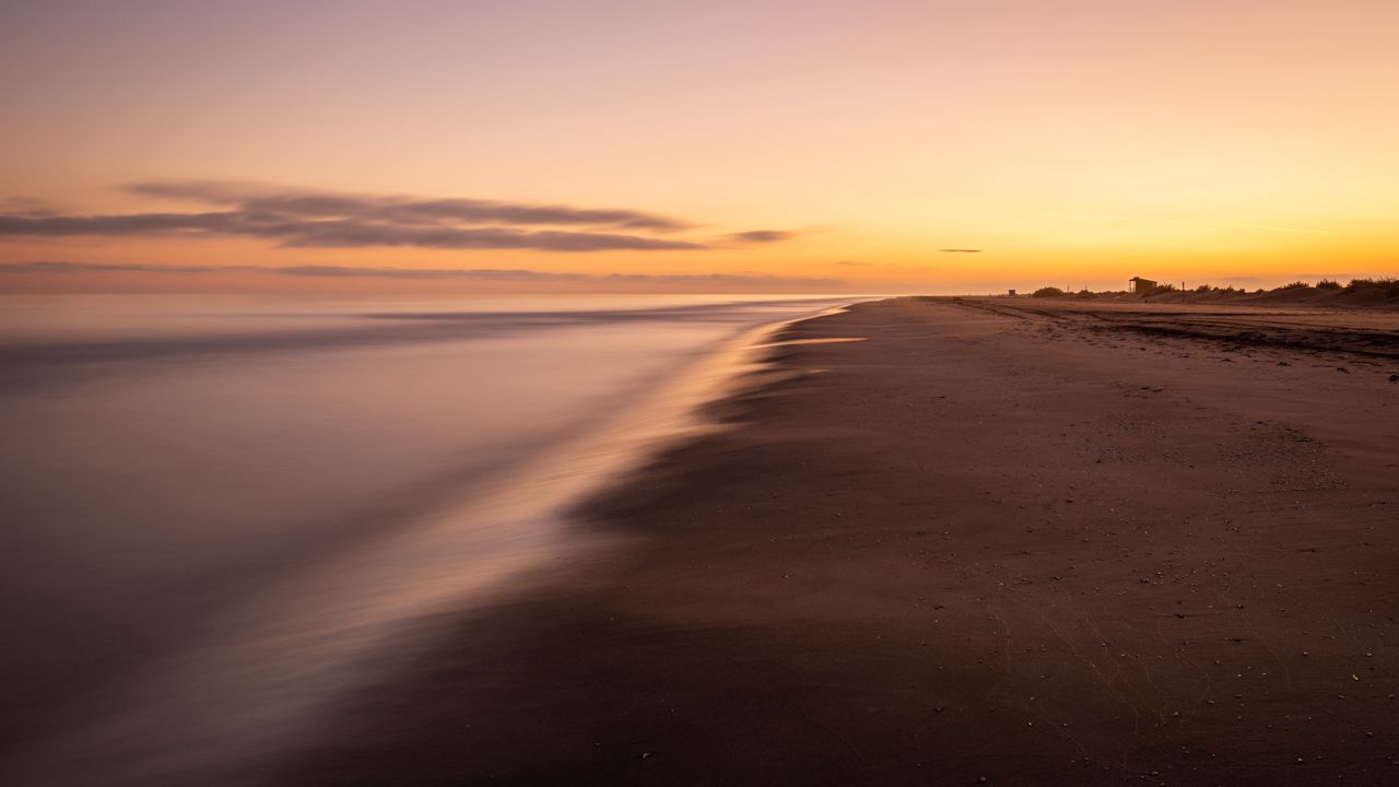 Wallpaper beach, sunset, sea, dusk, long exposure