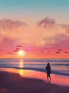 Preview wallpaper beach, sunset, silhouette, art, sea, birds