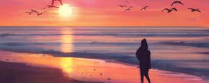 Preview wallpaper beach, sunset, silhouette, art, sea, birds