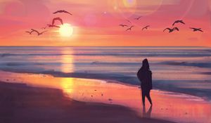 Preview wallpaper beach, sunset, silhouette, art, sea, birds
