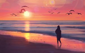 Preview wallpaper beach, sunset, silhouette, art, sea, birds