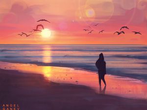 Preview wallpaper beach, sunset, silhouette, art, sea, birds