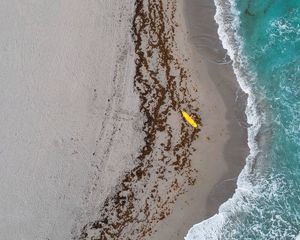 Preview wallpaper beach, surfer, aerial view, waves, sea