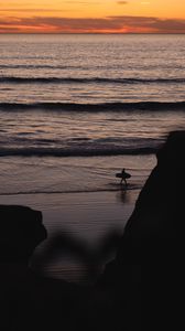 Preview wallpaper beach, surfer, silhouette, dark, dusk