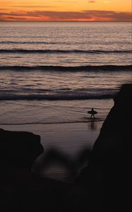 Preview wallpaper beach, surfer, silhouette, dark, dusk