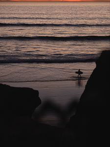 Preview wallpaper beach, surfer, silhouette, dark, dusk