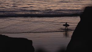 Preview wallpaper beach, surfer, silhouette, dark, dusk