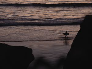 Preview wallpaper beach, surfer, silhouette, dark, dusk