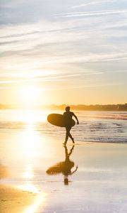 Preview wallpaper beach, surfing, board, sunset, sea, sun