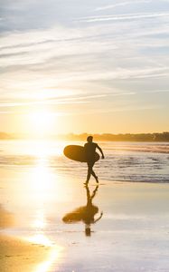 Preview wallpaper beach, surfing, board, sunset, sea, sun
