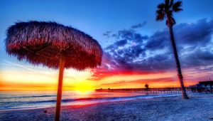 Preview wallpaper beach, tropics, sea, sand, palm trees, sunset, beautiful