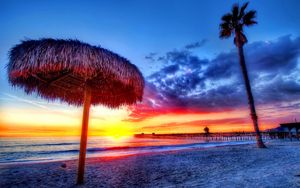 Preview wallpaper beach, tropics, sea, sand, palm trees, sunset, beautiful