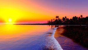 Preview wallpaper beach, tropics, sea, sand, palm trees, sunset