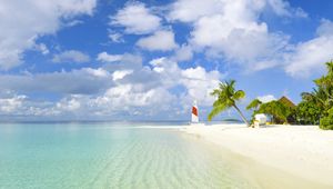 Preview wallpaper beach, tropics, sea, sand, palm trees, yacht