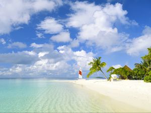 Preview wallpaper beach, tropics, sea, sand, palm trees, yacht