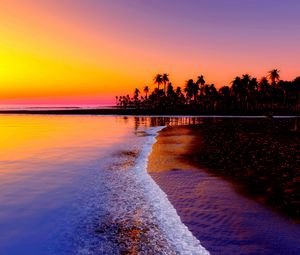 Preview wallpaper beach, tropics, sea, sand, palm trees, sunset