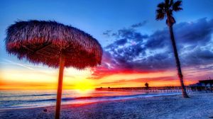 Preview wallpaper beach, tropics, sea, sand, palm trees, sunset, beautiful