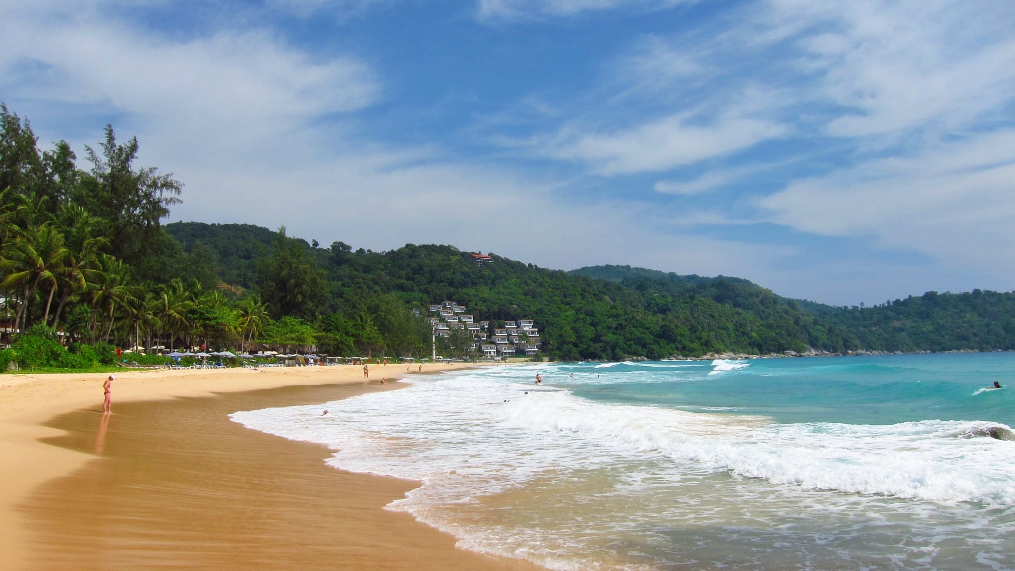 Download wallpaper 2048x1152 beach, tropics, sea, sand, palm trees