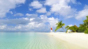 Preview wallpaper beach, tropics, sea, sand, palm trees, yacht