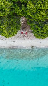 Preview wallpaper beach, umbrella, sea, aerial view, trees