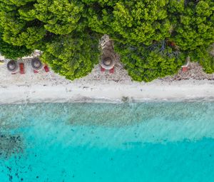 Preview wallpaper beach, umbrella, sea, aerial view, trees