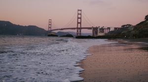 Preview wallpaper beach, waves, bridge, dusk