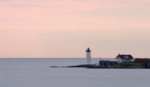 Preview wallpaper beacon, coast, house, island, sea, open spaces, surface of the water, evening