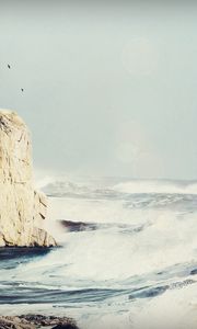 Preview wallpaper beacon, rock, birds, storm, sea