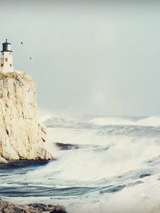 Preview wallpaper beacon, rock, birds, storm, sea