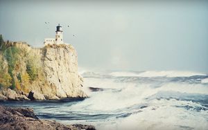 Preview wallpaper beacon, rock, birds, storm, sea