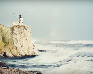 Preview wallpaper beacon, rock, birds, storm, sea