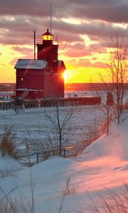 Preview wallpaper beacon, structure, sea, coast, sun, morning