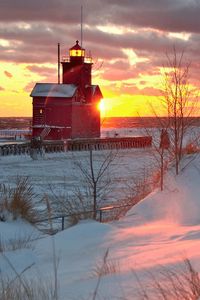 Preview wallpaper beacon, structure, sea, coast, sun, morning