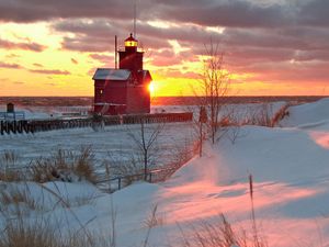 Preview wallpaper beacon, structure, sea, coast, sun, morning