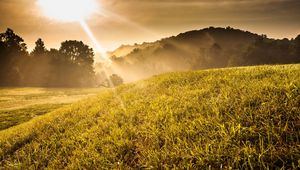 Preview wallpaper beams, sun, light, slope, meadow, landscape