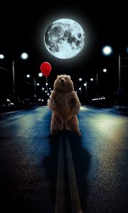 Preview wallpaper bear, balloon, full moon, road, photoshop