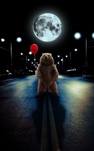 Preview wallpaper bear, balloon, full moon, road, photoshop