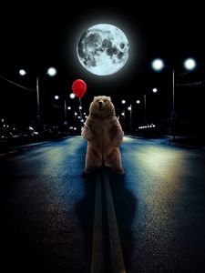 Preview wallpaper bear, balloon, full moon, road, photoshop