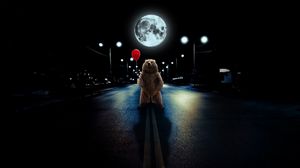 Preview wallpaper bear, balloon, full moon, road, photoshop