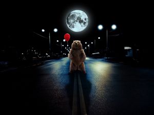 Preview wallpaper bear, balloon, full moon, road, photoshop